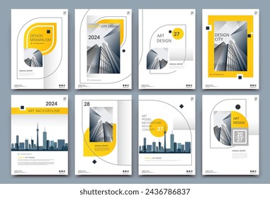 Abstract binder layout. White a4 brochure cover design. Fancy info text frame. Creative ad flyer font. Title sheet model set. Modern vector front page. Elegant city banner. Yellow figures icon fiber