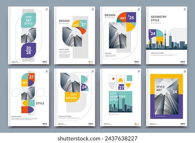 Abstract binder layout. White a4 brochure cover design. Fancy info text frame. Creative ad flyer font. Title sheet model set. Modern vector front page. Elegant city banner. Color figures image icon.