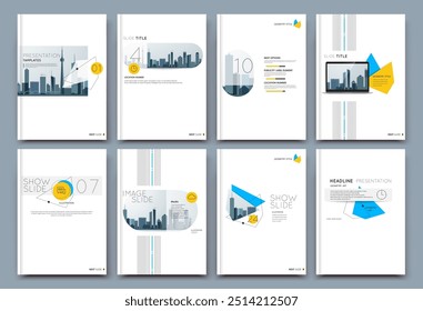 Layout de fichário abstrato. Projeto da tampa do folheto a4 branco. Quadro de texto de informações fantásticas. Fonte criativa para panfleto publicitário. Conjunto de modelos de folha de título. Página frontal vetorial moderna. Elegante banner da cidade. Ícone de imagem de figuras coloridas.