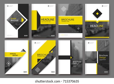 Abstract binder layout. White a4 brochure cover design. Fancy info text frame. Creative ad flyer font. Title sheet model set. Modern vector front page. Elegant city banner. Yellow square figures icon