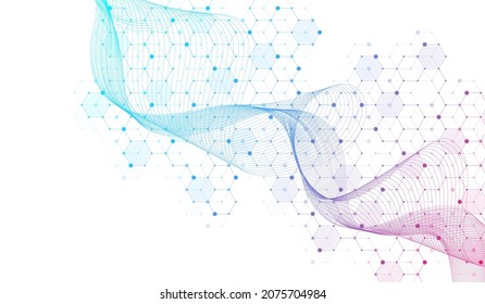 Abstract biology and pharmaceutical technology background. Health care and medical background with hexagons shapes. Flowing wave lines and hexagons. Vector illustration.