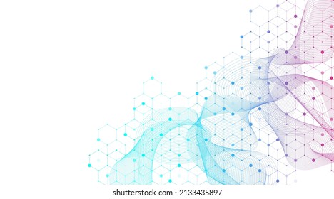 Abstract biology and pharmaceutical technology background. Health care and medical background with hexagons shapes. Flowing wave lines and hexagons. Vector illustration