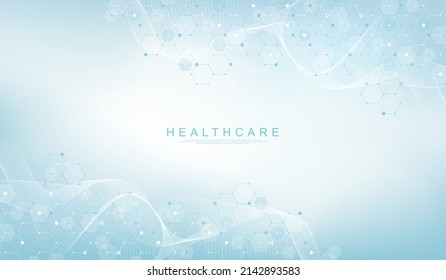 Abstract biology and pharmaceutical technology background. Health care and medical background with hexagons shapes. Flowing wave lines and hexagons. Vector illustration.