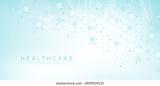 Abstract biology and pharmaceutical technology background. Health care and medical background with hexagons shapes. Flowing wave lines and hexagons. Vector illustration.