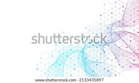 Abstract biology and pharmaceutical technology background. Health care and medical background with hexagons shapes. Flowing wave lines and hexagons. Vector illustration
