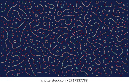 Fondo de Vector de biología Abstractas con coloridas cadenas de puntos que se asemejan a hebras de ADN o bacterias. Textura científica para la investigación médica y la presentación de biotecnología cubiertas con fondo azul oscuro.