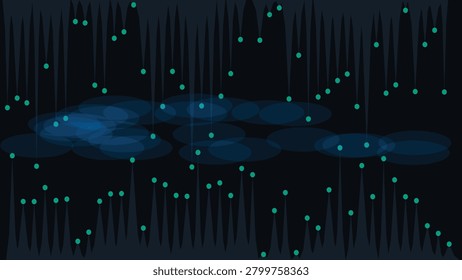 Abstract bioluminescent subterranean cave structure with glowing green stalactites