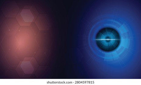 An abstract biometric technology background featuring a glowing cyber eye iris with a laser flare on the right and geometric hexagon patterns on a soft pink and blue split-toned gradient. Great for network data connection, cyber security, and futuristic interface designs.