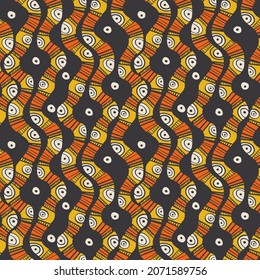 Abstract biomorphic geometric seamless pattern in yellow and orange color for background, fabric, textile, wrap, surface, web and print design. Textile vector tile rapport in vintage colors. 
