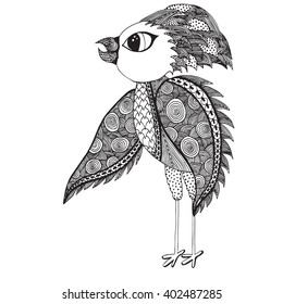 Abstract bird for adult coloring page. Hand drawn doodle stile for t-shirt print, tattoo design, ornamental animal logo. 