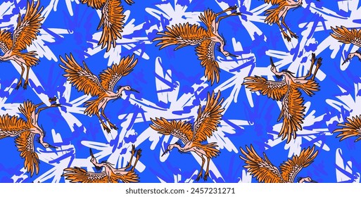 Abstract bird animal seamless pattern. Contemporary stork art cartoon background, simple bold lines, messy strokes maximalist pattern