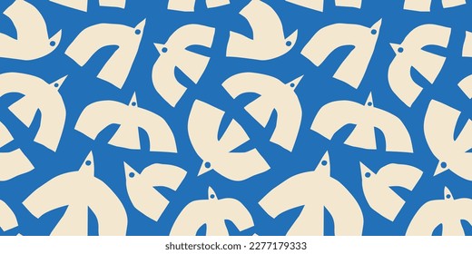 Abstract bird animal shape seamless pattern. Contemporary art flat cartoon background, simple birds flying in bright blue sky colors. 