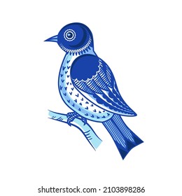 
Pájaro abstracto en tonos azules sentado en una rama de árbol. Elemento decorativo aislado. 
