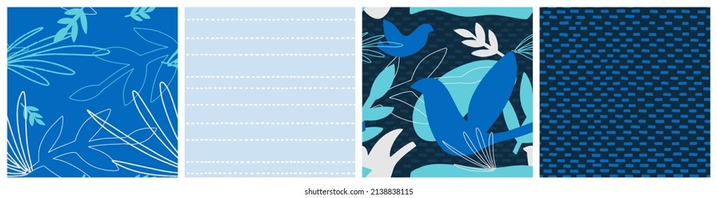 Abstract bird botanical seamless pattern set in white, vivid blue and navy colours.
