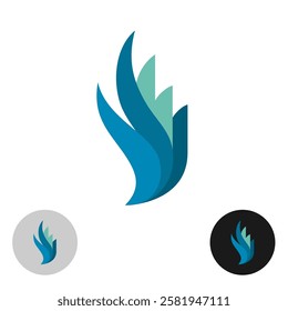 Abstract bird or buildings theme elegant logo. Wide wavy vertical stripes of blue colors connected inti composition. Real estate district symbol. Stylized flying bird or hand palm sign.