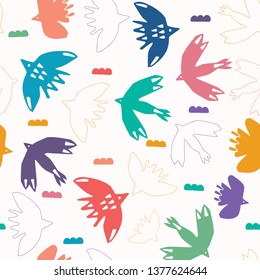 Abstract bird cloud cut out shapes. Vector pattern seamless background. Hand drawn matisse style collage graphic illustration. Trendy home decor, modern fashion prints, kids wallpaper. Rainbow colors.