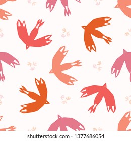 Abstract bird cloud cut out shapes. Vector pattern seamless background. Hand drawn matisse style collage graphic illustration. Trendy home decor, modern fashion prints, wallpaper. Coral red colors.