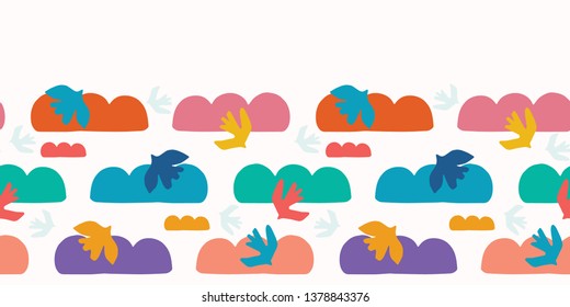 Abstract bird cloud cut out shapes. Vector border pattern seamless background. Hand drawn matisse style collage  ribbon trim illustration. Trendy home decor, modern fashion print, kids rainbow colors.
