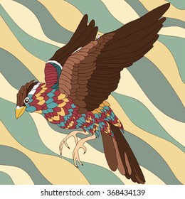 Abstract bird with colorful feathers on wavy background. Vintage bird. Retro composition. Bird in flight. Vector illustration