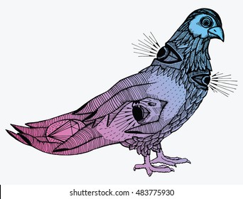 Abstract bird. Dove. Psychedelic. Stylized bird. Drawing by hand. Tattoo. Doodle.