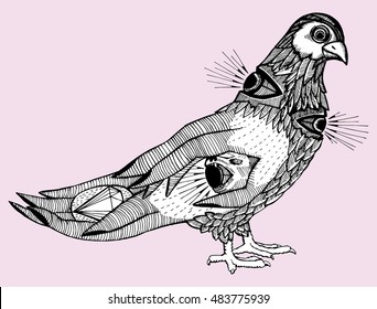 Abstract bird. Dove. Psychedelic. Stylized bird. Drawing by hand. Tattoo. Doodle.