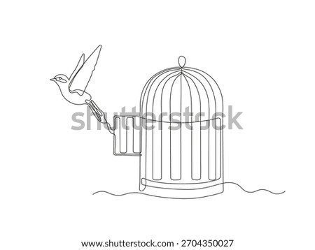 An abstract bird flies out of cage, birdcage, continuous single one line art hand drawing sketch, logo on white background
