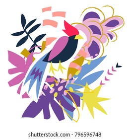 Abstract bird and floral elements paper collage.Vector illustration hand drawn.Sketch ready for contemporary scandinavian flat design- poster, invitation, post card, t-shirt design.