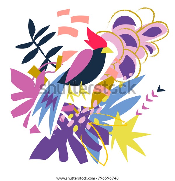 抽象的な鳥と花柄のエレメント紙のコラージュ ベクターイラスト手描き 現代の北欧 のフラットデザインポスター 招待状 ポストカード Tシャツデザインに対応したスケッチ のベクター画像素材 ロイヤリティフリー