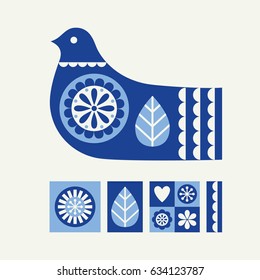 Abstract bird and floral elements in scandinavian style. Vector Illustration.