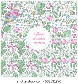 Abstract bird and flower 4 seamless patterns. Scrapbook cute floral paper
