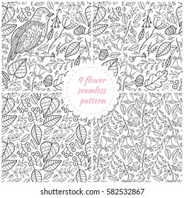 Abstract bird and flower 4 seamless patterns. Scrapbook cute black and white floral paper.  Monochrome prints