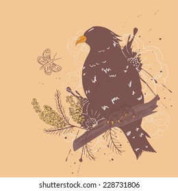 Abstract bird with flowers in hand drawn style, vintage background.