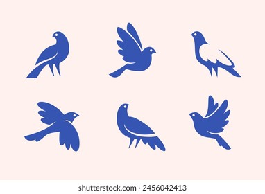 Abstract bird icon set num.2. Cute small sparrow or pigeon logo, vector silhouette.