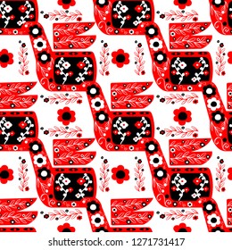 abstract bird in light red folk style on a white color