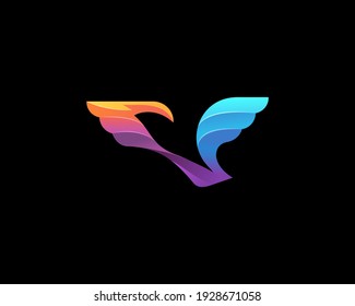 Abstrakte Design-Vorlage für das Vogel-Logo. Das Symbol für lebendige Farbverlauf-Freiheit taucht Vektorlogotype auf.