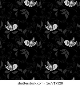 Abstract bird on a branch. Seamless background. Monochrome design