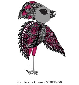 Abstract bird on the white background. Hand drawn doodle stile for t-shirt print in doodle style, tattoo design, ornamental animal logo. 