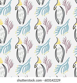Abstract bird parrot vector illustration art background design for fabric, wrapping, textile and decor. Seamless pattern tropical drawing wild parrot for print.