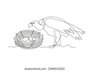 Abstract Bird of prey, vulture bird's nest with eggs, continuous single one line art hand drawing sketch logo 