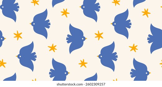 Abstract bird and stars seamless pattern. Simple folk design