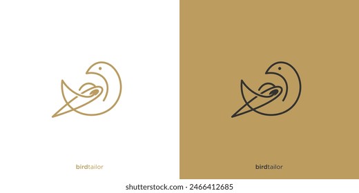 Abstract Bird Tailor Logo Design Template. Bird and Sewing Needle with Line art Outline Style Vector Illustration.