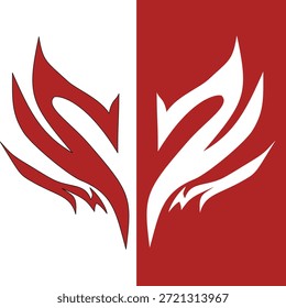 Abstrato design logotipo asas de pássaro em vermelho e branco, fogo estilizado ou pena ilustração.