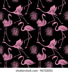 Abstract Birds Background, Fashion Seamless Pattern, Monochrome Vector Wallpaper, Vintage Fabric, Creative Black, Pink Wrapping With Graphic Flamingos Ornaments - Summer And Spring Theme For Design
