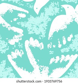 Abstract birds background with splashes. Textured dove seamless pattern