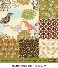 Abstract birds backgrounds set, graphic flowers vector wallpapers, seamless patterns, fabrics and wrappings with geometric ornaments; summer, spring and autumn theme decoration and design