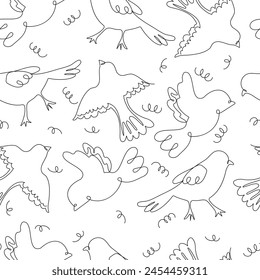 Abstract birds continuous one line drawing seamless pattern in swatches. Flying birds line art on white background in black and white colors, vector illustration for card, banner, poster, wallpaper.