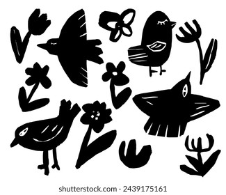 Conjunto abstracto de pájaros y flores, decoración dibujada a mano peculiar, ilustración vectorial