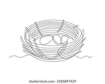 Abstract bird's nest with eggs, continuous single one line art hand drawing sketch logo 