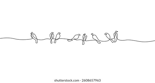 Abstract birds on branches continuous one line drawing. Bird silhouettes of birds one line art. Vector illustration for minimal poster, template, print