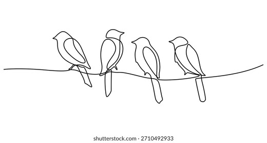 Pájaros Abstractas en ramas continuas dibujando una línea. Siluetas de pájaros de pájaros una línea de arte. Ilustración vectorial para el cartel mínimo, Pájaro encaramado en la rama Minimalista Line Art, Pájaros en la parte posterior de la rama